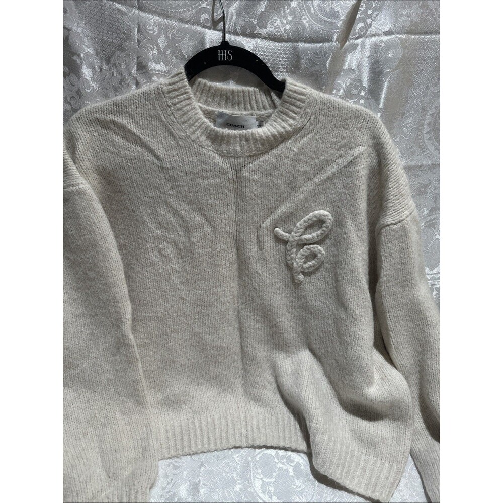 Coach Women’s Beige Knit Pullover Sweater Size S Wool-Polyester Solid Bow Accent